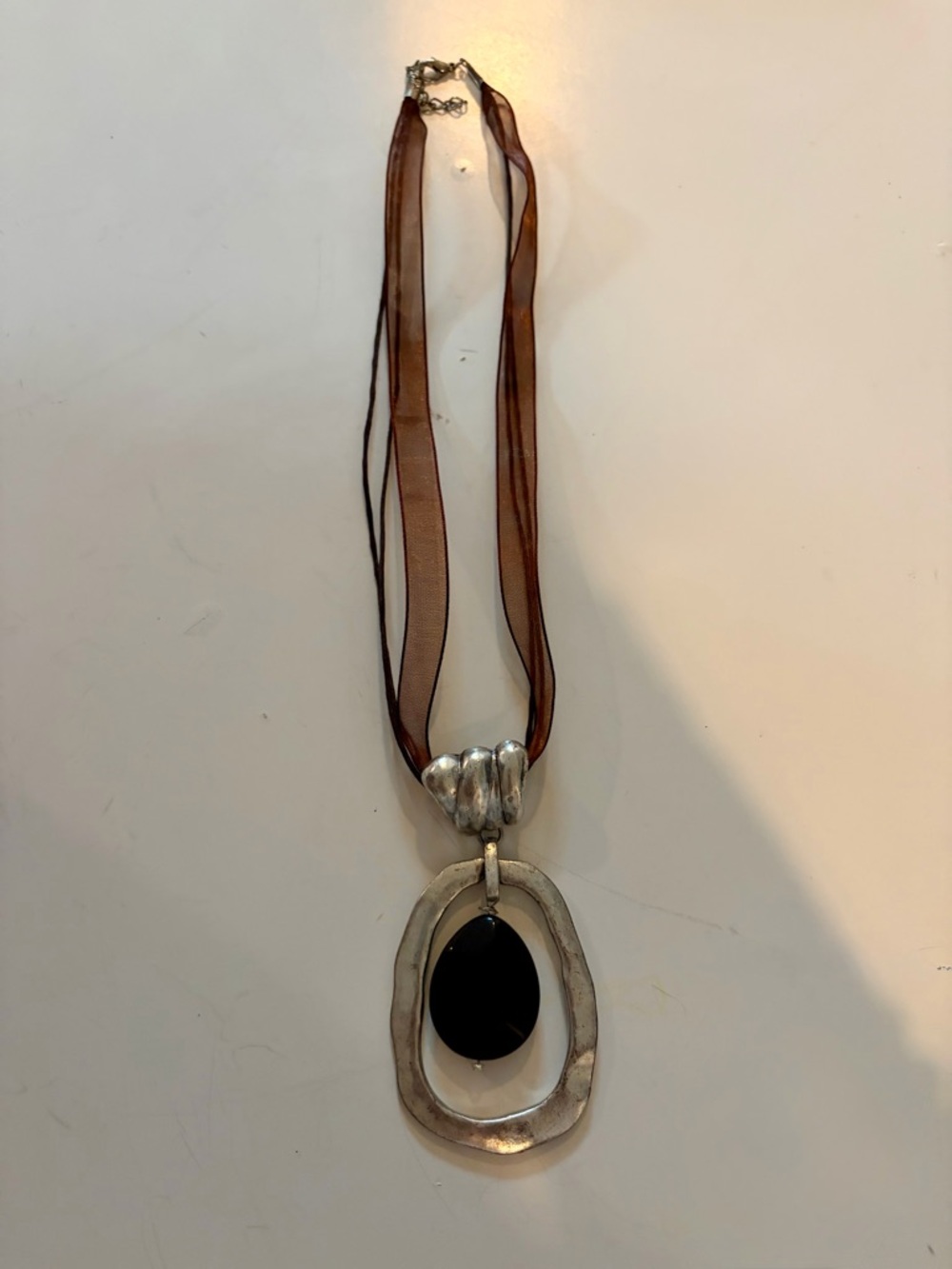 Source Unknown Brown Ribbon Necklace with Silver Pendant and Black Stone